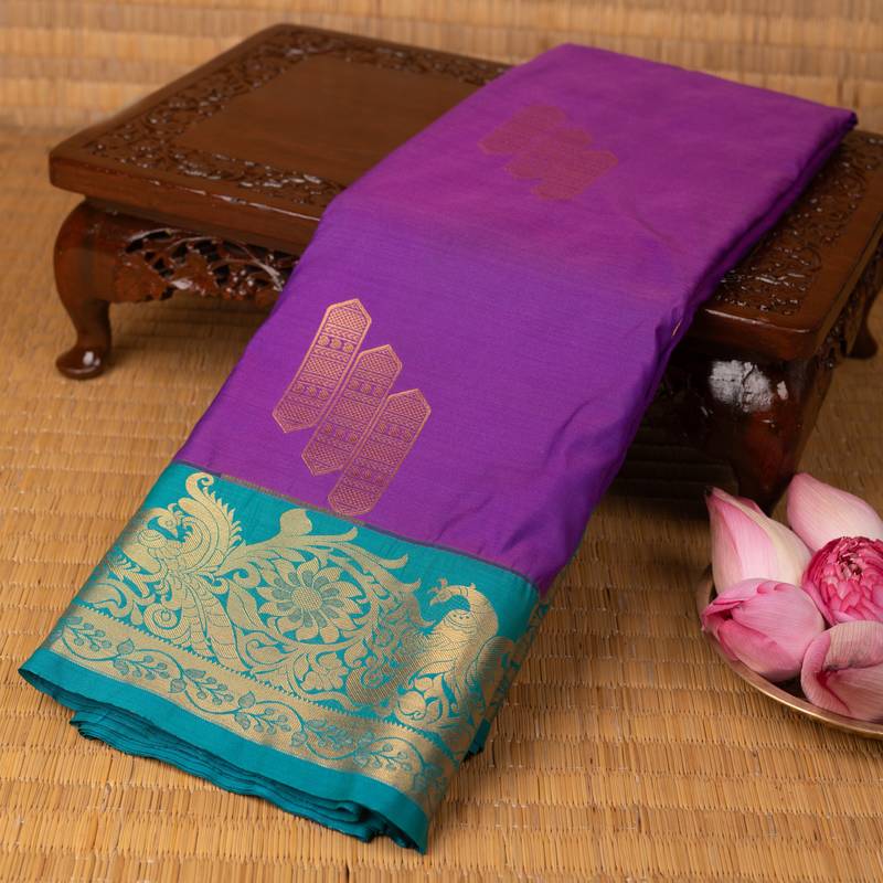 Blue violet and teal semi silk saree