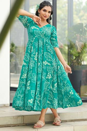 Women turquoise  all-over floral print rayon fit & flare maxi dress