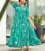 Women turquoise  all-over floral print rayon fit & flare maxi dress