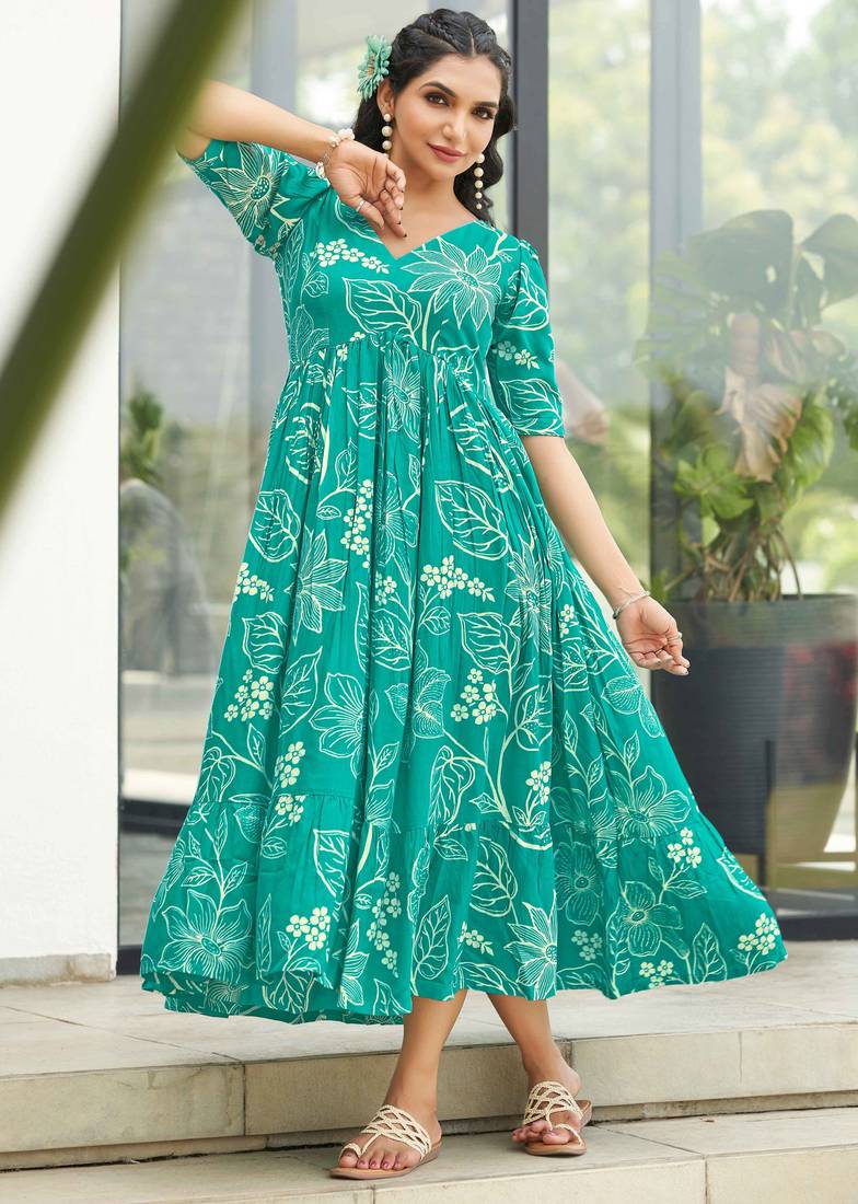 Women turquoise  all-over floral print rayon fit & flare maxi dress