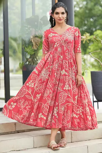 Women pink all-over floral print rayon fit & flare maxi dress