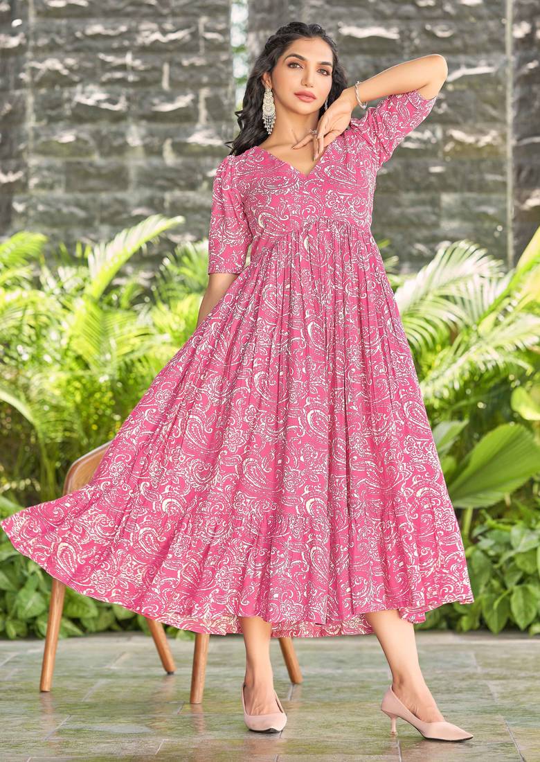 Women pink all-over paisley print rayon fit & flare maxi dress