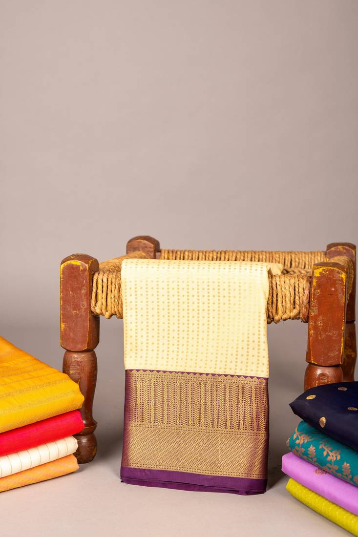 Off white and purple pure touch silk saree