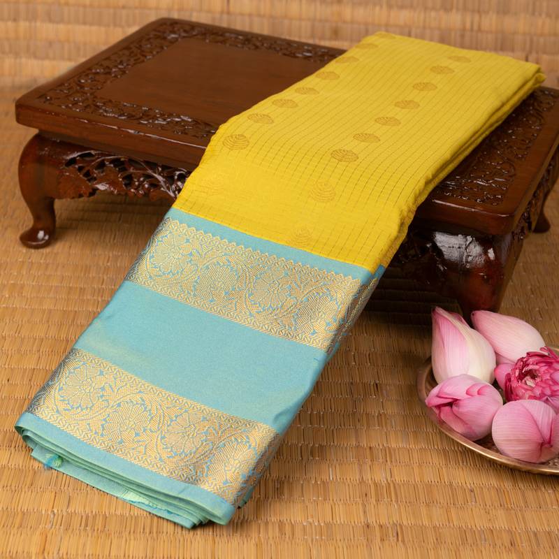 Lime green  and blue semi silk saree