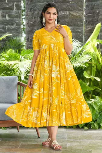 Women yellow all-over floral print rayon fit & flare maxi dress