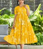 Women yellow all-over floral print rayon fit & flare maxi dress