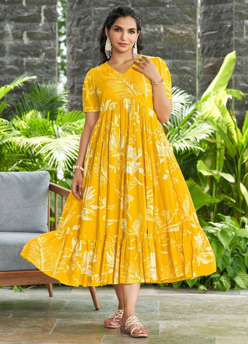 Women yellow all-over floral print rayon fit & flare maxi dress