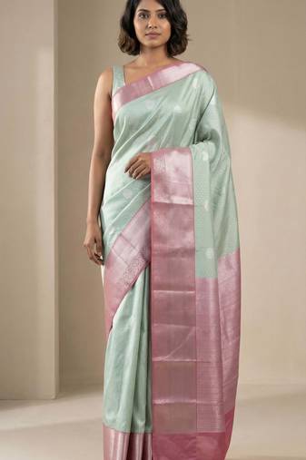 Powder blue and rosewood pink soft silk saree