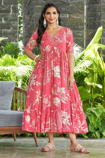 Women pink all-over floral print rayon fit & flare maxi dress
