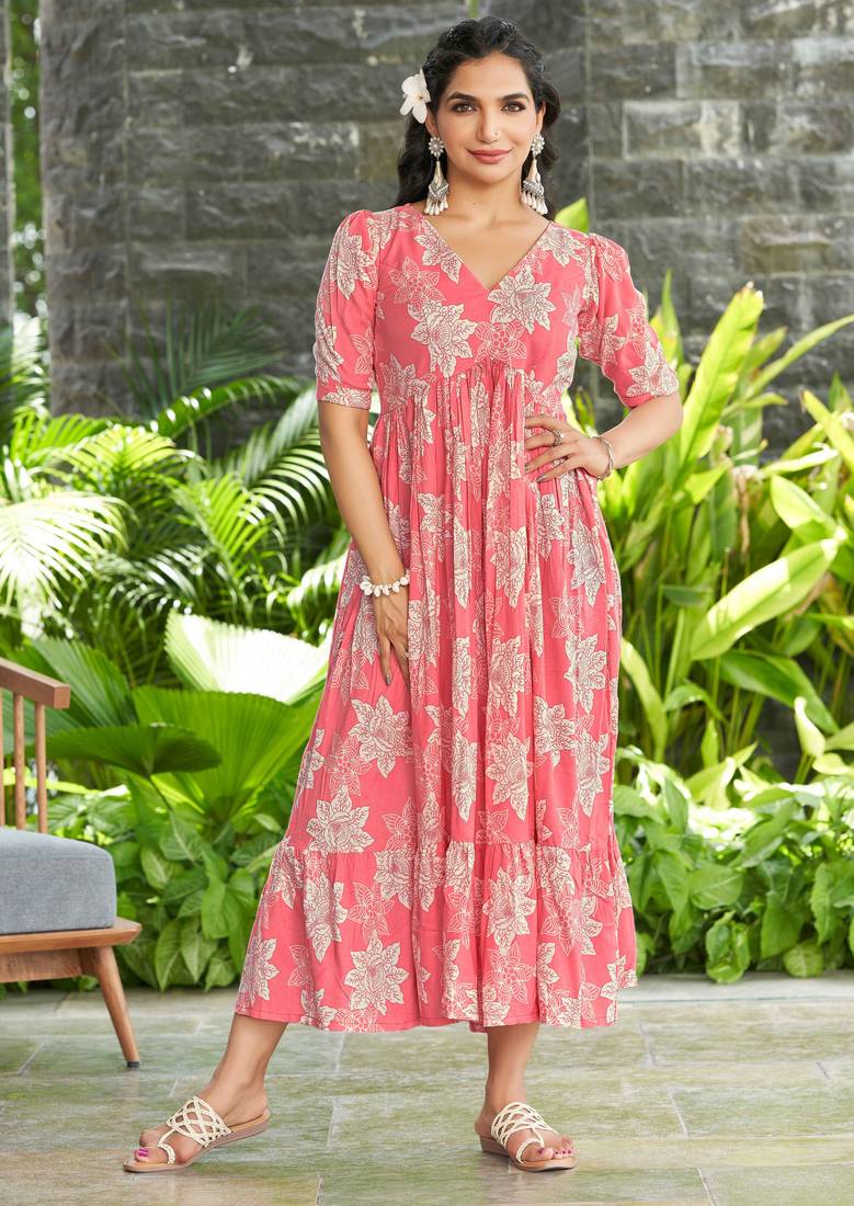 Women pink all-over floral print rayon fit & flare maxi dress