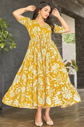 Women yellow all-over floral print rayon fit & flare maxi dress