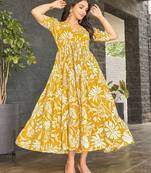 Women yellow all-over floral print rayon fit & flare maxi dress