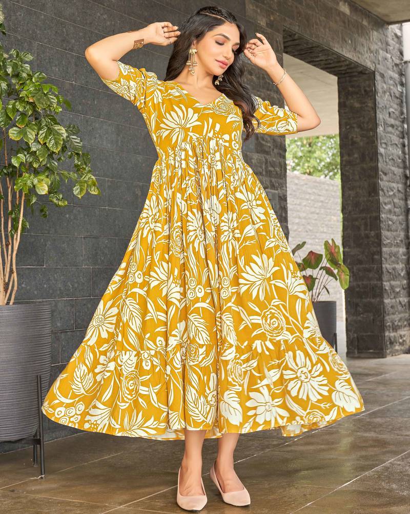 Women yellow all-over floral print rayon fit & flare maxi dress