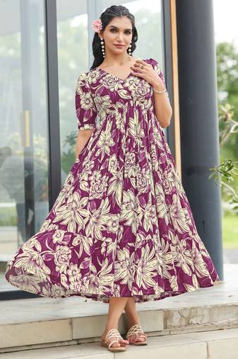 Women purple all-over floral print rayon fit & flare maxi dress