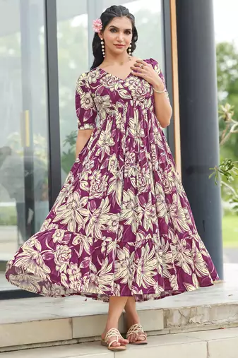 Women purple all-over floral print rayon fit & flare maxi dress
