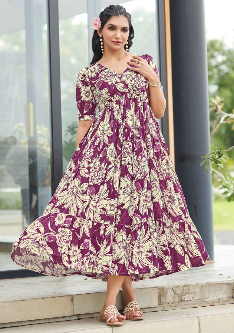 Women purple all-over floral print rayon fit & flare maxi dress