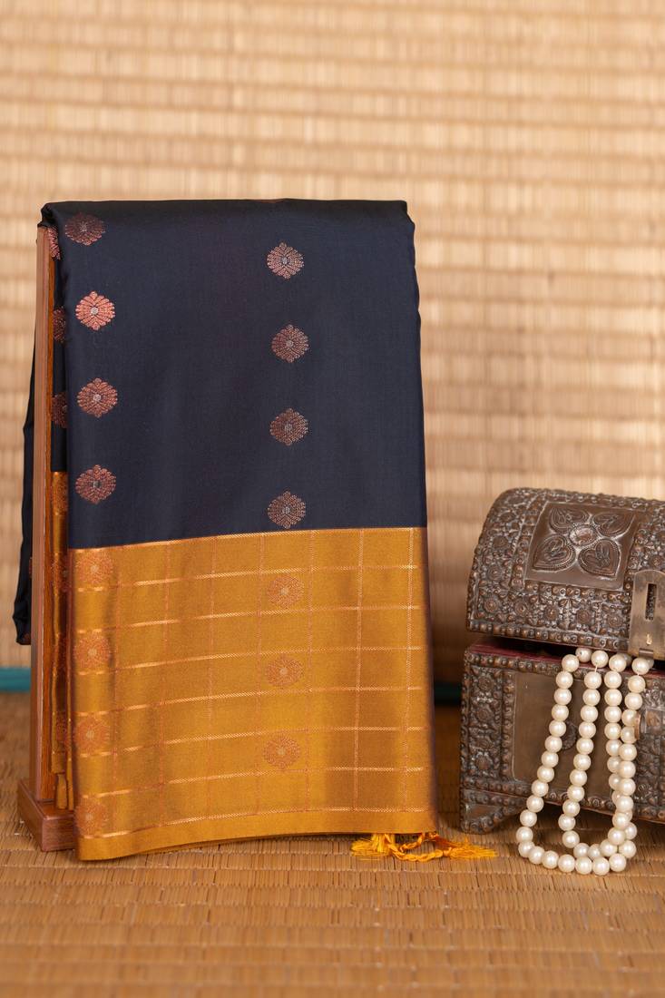 Deep navy blue and mustard semi silk saree