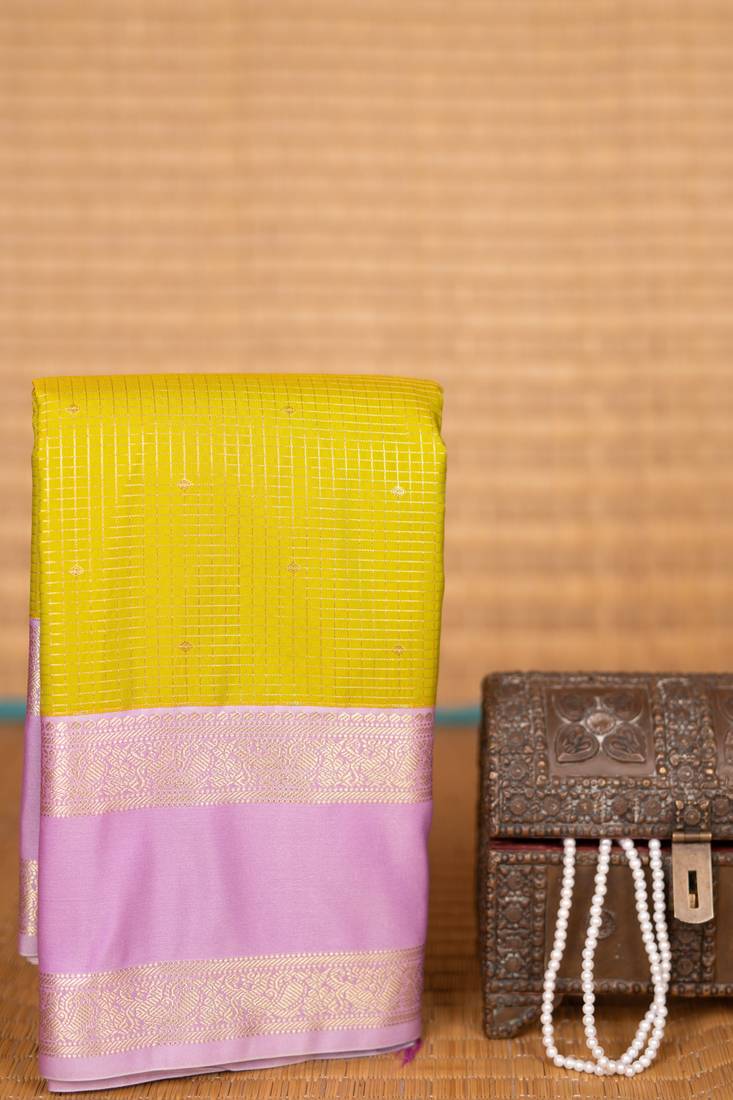 Chartreuse green and lilac soft silk saree