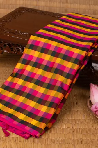 Multi colour checks and rani pink soft silk saree