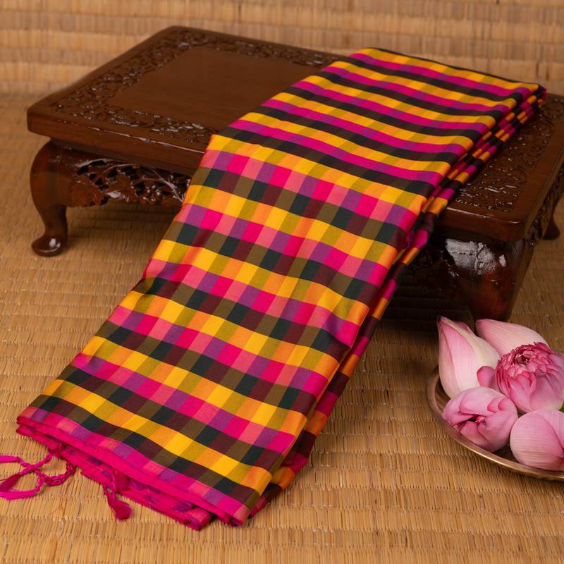 Multi colour checks and rani pink soft silk saree