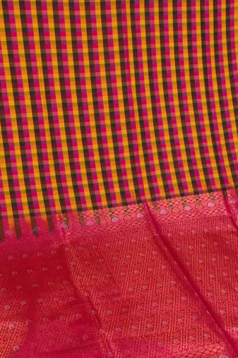 Multi colour checks and rani pink soft silk saree with blouse