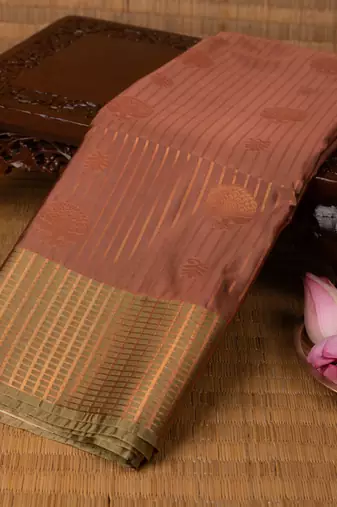 Coral pink and tea green soft silk saree