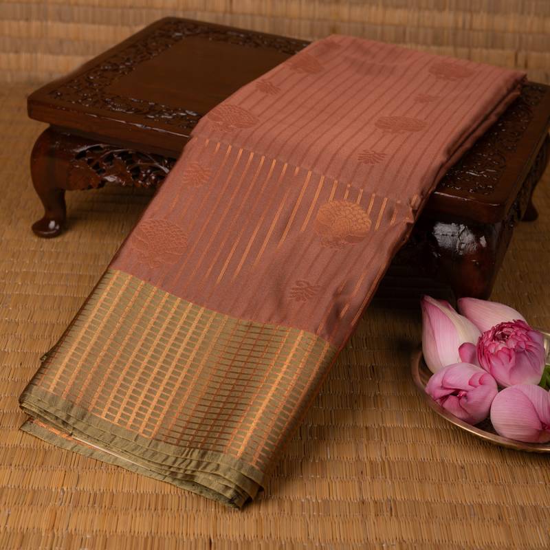 Coral pink and tea green soft silk saree