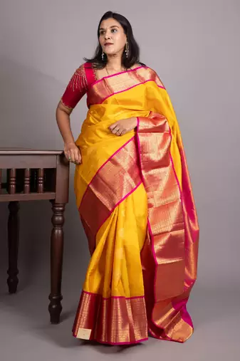 Cyber yellow and rani pink pure kanjivaram silk saree
