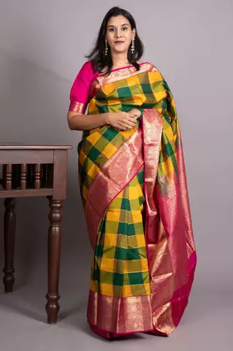Multicolour checks pure kanjivaram silk saree