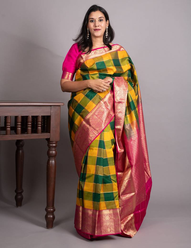 Multicolour checks pure kanjivaram silk saree