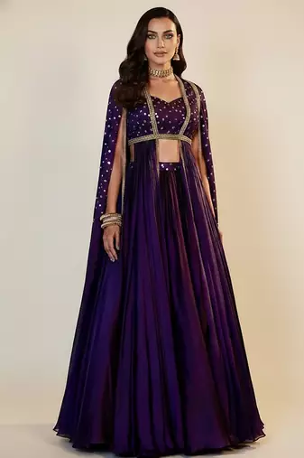 purple embroidered crepe lehenga set