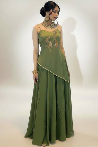 green embroidered crepe lehenga set