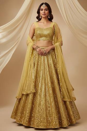 gold embroidered georgette lehenga set