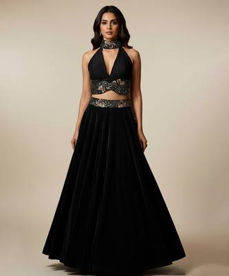 black embroidered velvet lehenga set 1