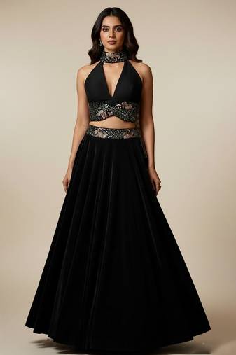 black embroidered velvet lehenga set