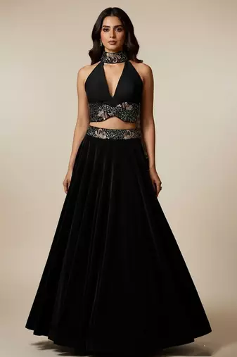 black embroidered velvet lehenga set