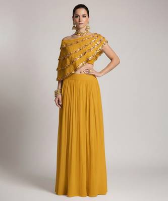 yellow embroidered crepe lehenga set 1