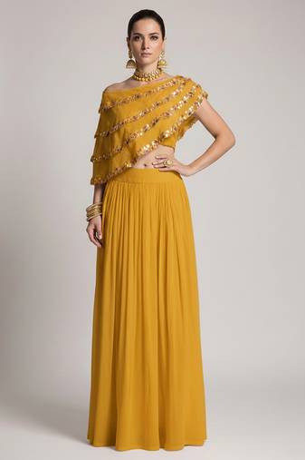 yellow embroidered crepe lehenga set