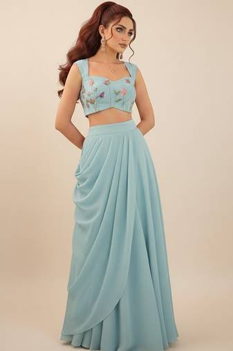 blue embroidered georgette lehenga set