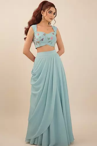 blue embroidered georgette lehenga set