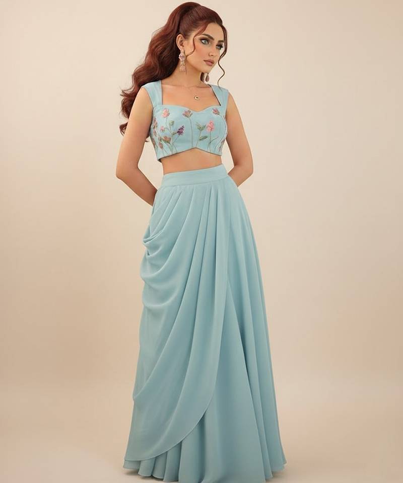 blue embroidered georgette lehenga set