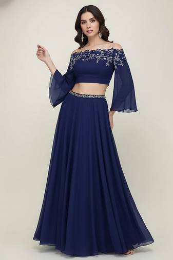 blue embroidered georgette lehenga set