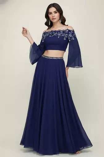 blue embroidered georgette lehenga set