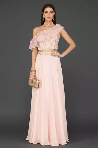 pink embroidered crepe lehenga set