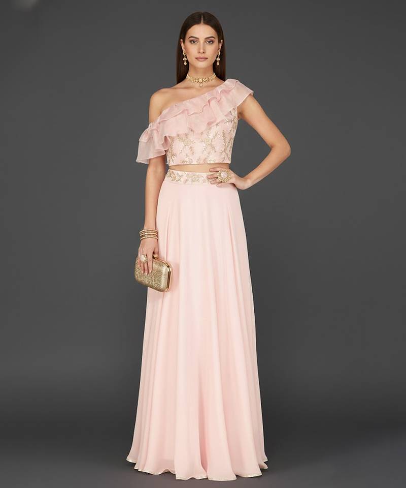 pink embroidered crepe lehenga set