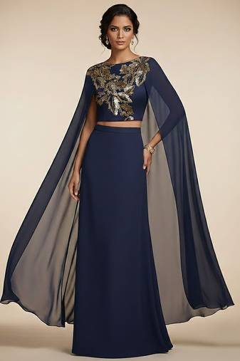 blue embroidered georgette lehenga set