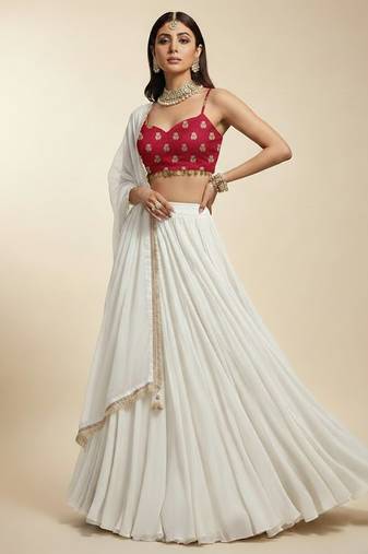 white embroidered georgette lehenga set