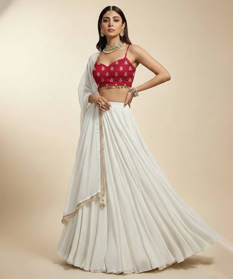 white embroidered georgette lehenga set