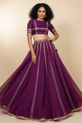 purple embroidered organza lehenga set