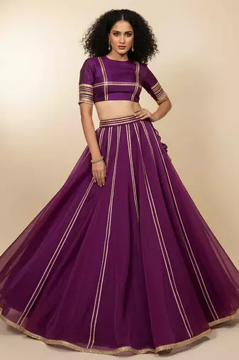 purple embroidered organza lehenga set